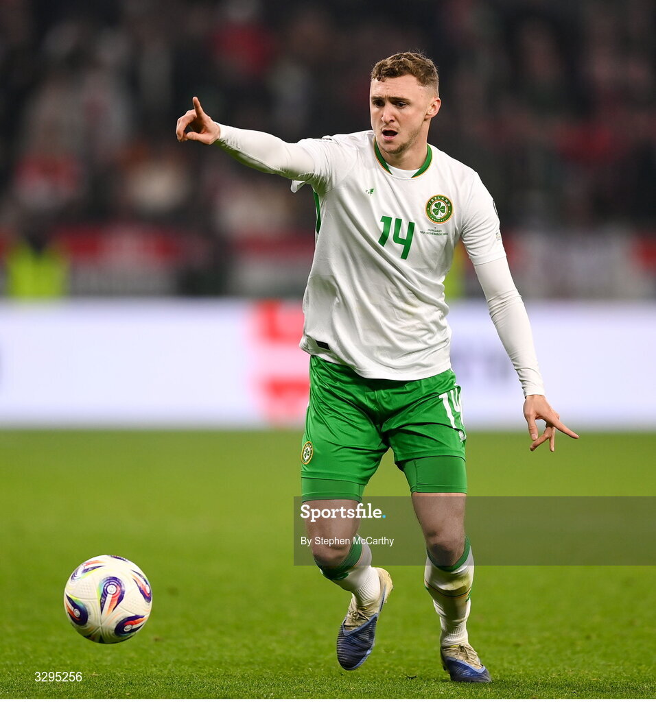 16 November 2025; Jack Taylor of Republic of Ireland during the FIFA World Cup 2026 Group F Qualifier match between Hungary and Republic of Ireland at Puskás Aréna in Budapest, Hungary. Photo by Stephen McCarthy/Sportsfile