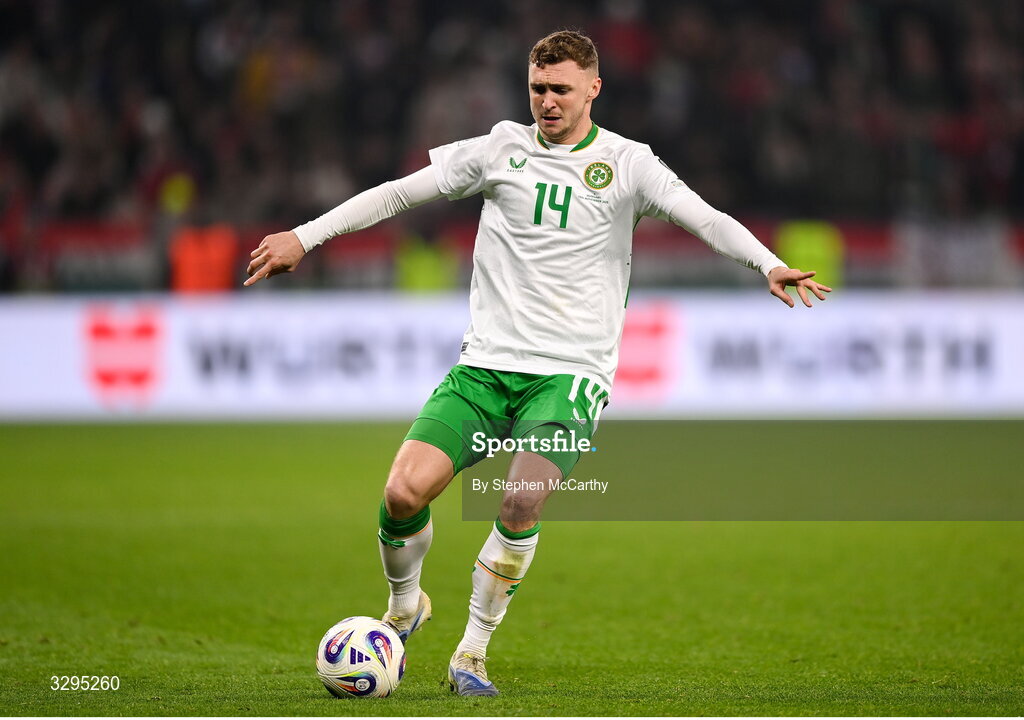 16 November 2025; Jack Taylor of Republic of Ireland during the FIFA World Cup 2026 Group F Qualifier match between Hungary and Republic of Ireland at Puskás Aréna in Budapest, Hungary. Photo by Stephen McCarthy/Sportsfile