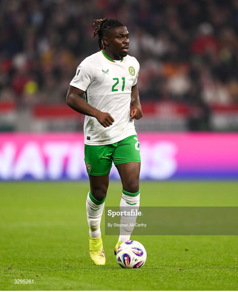 16 November 2025; Festy Ebosele of Republic of Ireland during the FIFA World Cup 2026 Group F Qualifier match between Hungary and Republic of Ireland at Puskás Aréna in Budapest, Hungary. Photo by Stephen McCarthy/Sportsfile