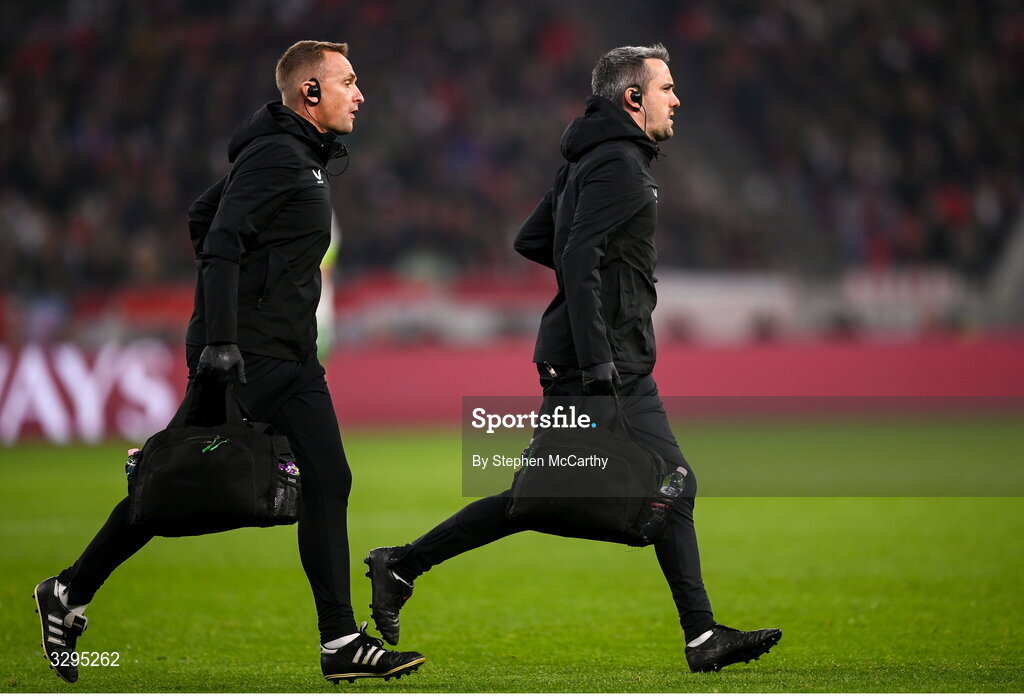 16 November 2025; Republic of Ireland lead physiotherapist Danny Miller, left, and team doctor Sean Carmody during the FIFA World Cup 2026 Group F Qualifier match between Hungary and Republic of Ireland at Puskás Aréna in Budapest, Hungary. Photo by Stephen McCarthy/Sportsfile