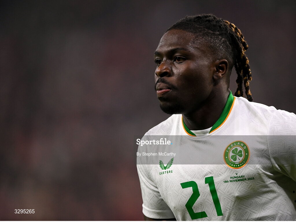 16 November 2025; Festy Ebosele of Republic of Ireland during the FIFA World Cup 2026 Group F Qualifier match between Hungary and Republic of Ireland at Puskás Aréna in Budapest, Hungary. Photo by Stephen McCarthy/Sportsfile