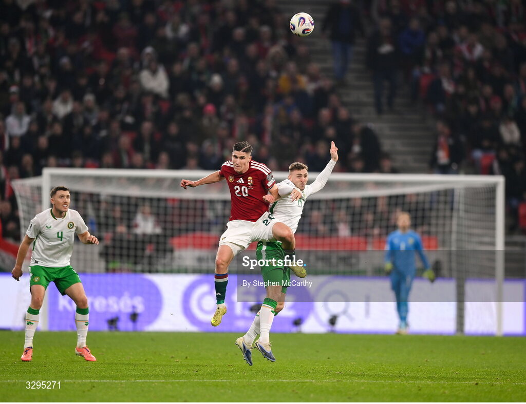 16 November 2025; Roland Sallai of Hungary in action against Jack Taylor of Republic of Ireland during the FIFA World Cup 2026 Group F Qualifier match between Hungary and Republic of Ireland at Puskás Aréna in Budapest, Hungary. Photo by Stephen McCarthy/Sportsfile