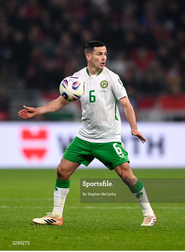 16 November 2025; Josh Cullen of Republic of Ireland during the FIFA World Cup 2026 Group F Qualifier match between Hungary and Republic of Ireland at Puskás Aréna in Budapest, Hungary. Photo by Stephen McCarthy/Sportsfile