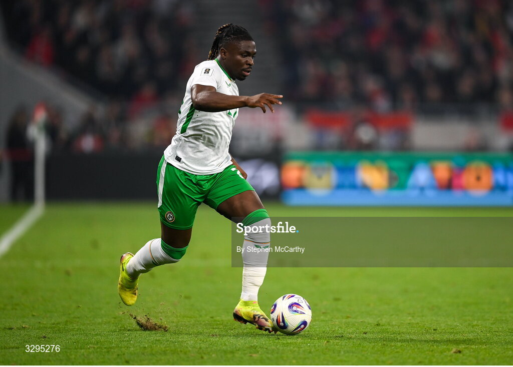 16 November 2025; Festy Ebosele of Republic of Ireland during the FIFA World Cup 2026 Group F Qualifier match between Hungary and Republic of Ireland at Puskás Aréna in Budapest, Hungary. Photo by Stephen McCarthy/Sportsfile