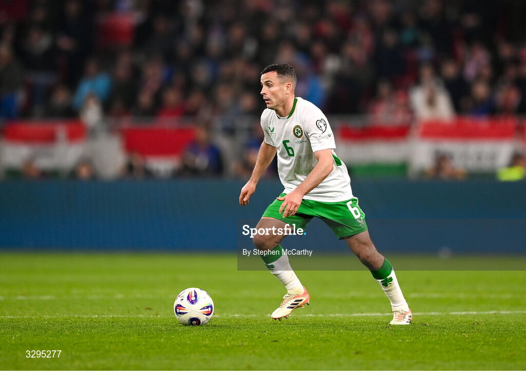 16 November 2025; Josh Cullen of Republic of Ireland during the FIFA World Cup 2026 Group F Qualifier match between Hungary and Republic of Ireland at Puskás Aréna in Budapest, Hungary. Photo by Stephen McCarthy/Sportsfile