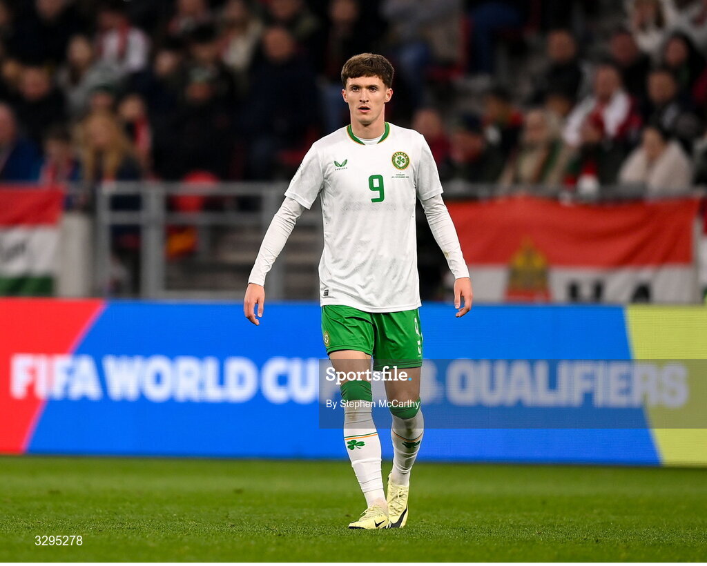 16 November 2025; Johnny Kenny of Republic of Ireland during the FIFA World Cup 2026 Group F Qualifier match between Hungary and Republic of Ireland at Puskás Aréna in Budapest, Hungary. Photo by Stephen McCarthy/Sportsfile