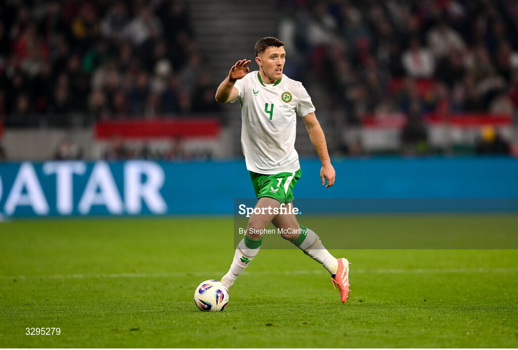 16 November 2025; Dara O'Shea of Republic of Ireland during the FIFA World Cup 2026 Group F Qualifier match between Hungary and Republic of Ireland at Puskás Aréna in Budapest, Hungary. Photo by Stephen McCarthy/Sportsfile