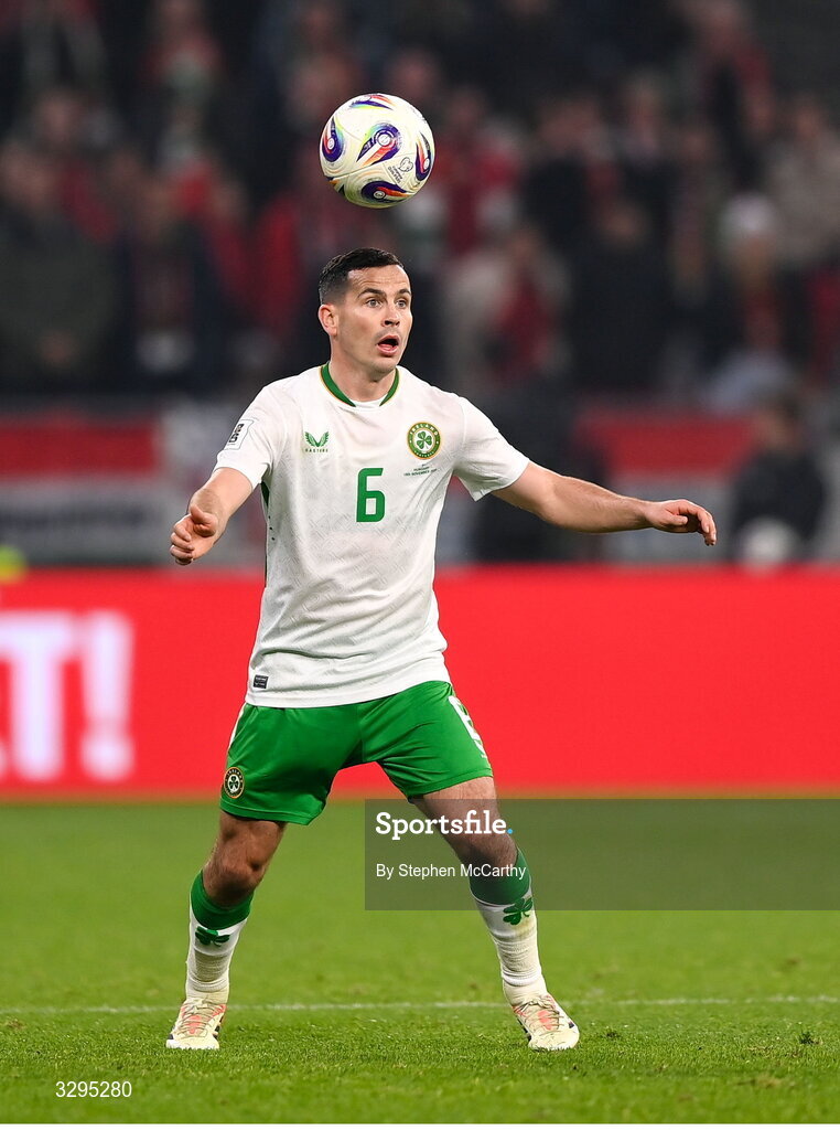 16 November 2025; Josh Cullen of Republic of Ireland during the FIFA World Cup 2026 Group F Qualifier match between Hungary and Republic of Ireland at Puskás Aréna in Budapest, Hungary. Photo by Stephen McCarthy/Sportsfile