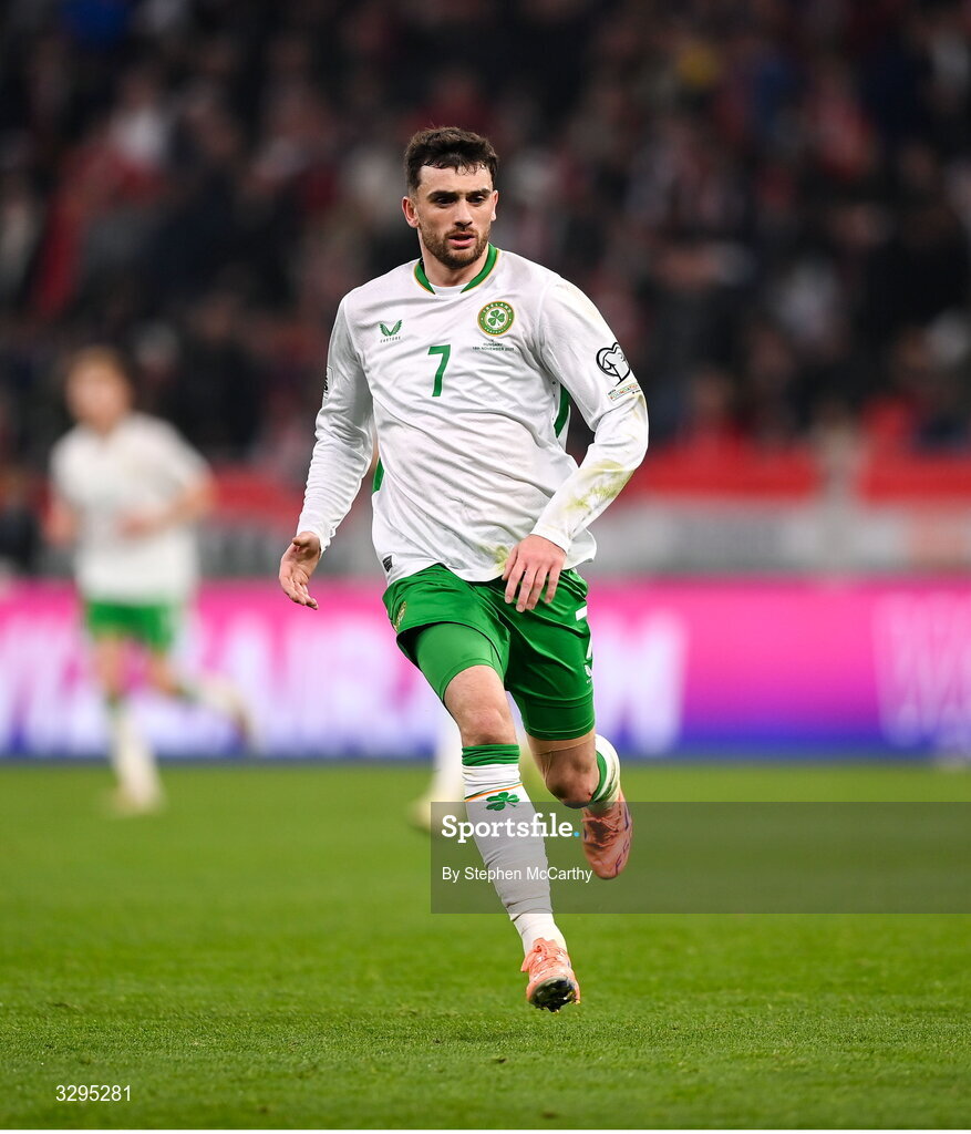 16 November 2025; Troy Parrott of Republic of Ireland during the FIFA World Cup 2026 Group F Qualifier match between Hungary and Republic of Ireland at Puskás Aréna in Budapest, Hungary. Photo by Stephen McCarthy/Sportsfile