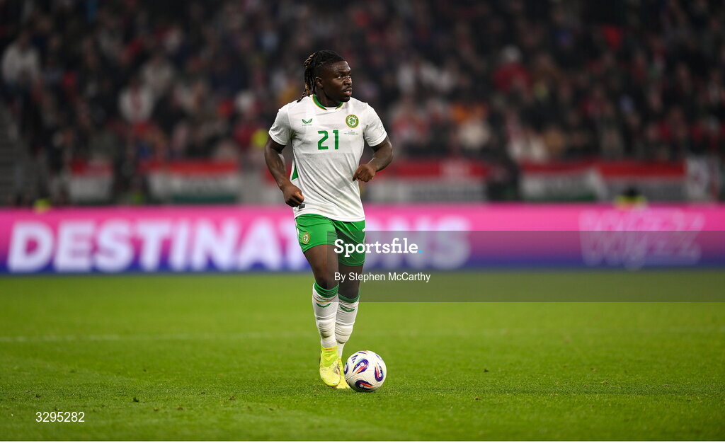 16 November 2025; Festy Ebosele of Republic of Ireland during the FIFA World Cup 2026 Group F Qualifier match between Hungary and Republic of Ireland at Puskás Aréna in Budapest, Hungary. Photo by Stephen McCarthy/Sportsfile