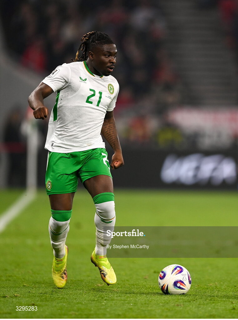 16 November 2025; Festy Ebosele of Republic of Ireland during the FIFA World Cup 2026 Group F Qualifier match between Hungary and Republic of Ireland at Puskás Aréna in Budapest, Hungary. Photo by Stephen McCarthy/Sportsfile