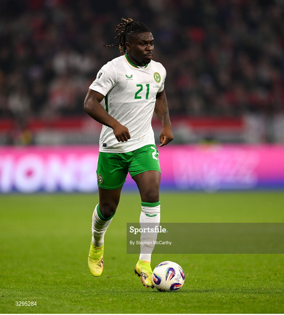 16 November 2025; Festy Ebosele of Republic of Ireland during the FIFA World Cup 2026 Group F Qualifier match between Hungary and Republic of Ireland at Puskás Aréna in Budapest, Hungary. Photo by Stephen McCarthy/Sportsfile