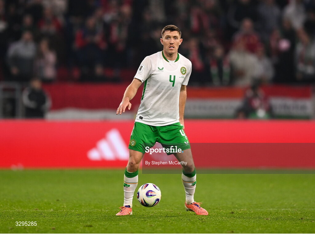 16 November 2025; Dara O'Shea of Republic of Ireland during the FIFA World Cup 2026 Group F Qualifier match between Hungary and Republic of Ireland at Puskás Aréna in Budapest, Hungary. Photo by Stephen McCarthy/Sportsfile