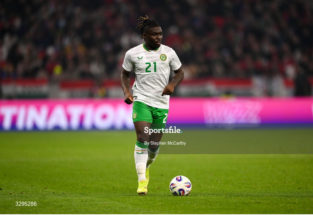 16 November 2025; Festy Ebosele of Republic of Ireland during the FIFA World Cup 2026 Group F Qualifier match between Hungary and Republic of Ireland at Puskás Aréna in Budapest, Hungary. Photo by Stephen McCarthy/Sportsfile