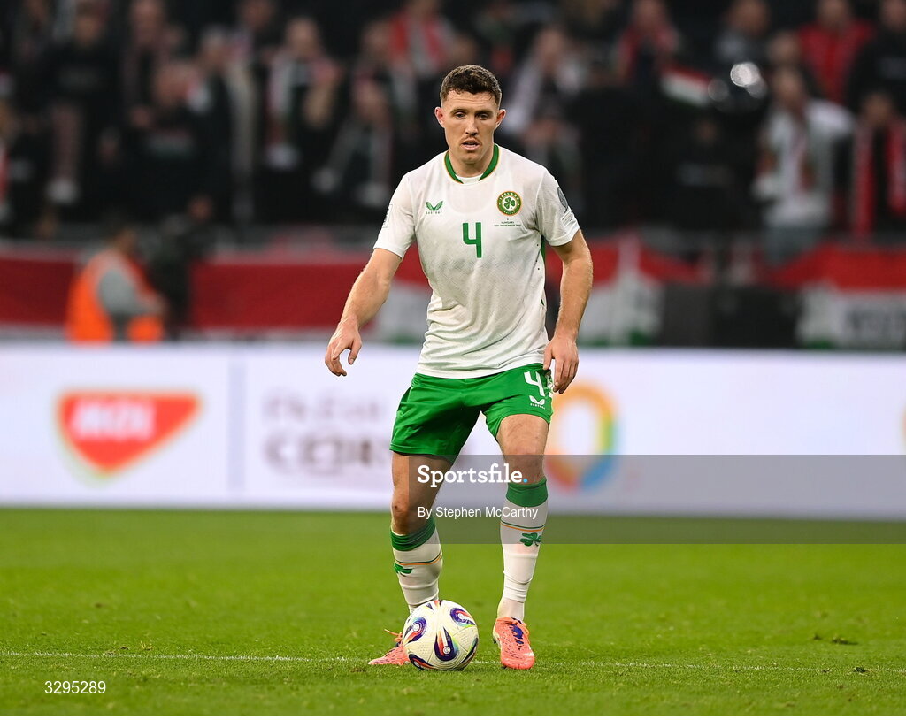 16 November 2025; Dara O'Shea of Republic of Ireland during the FIFA World Cup 2026 Group F Qualifier match between Hungary and Republic of Ireland at Puskás Aréna in Budapest, Hungary. Photo by Stephen McCarthy/Sportsfile