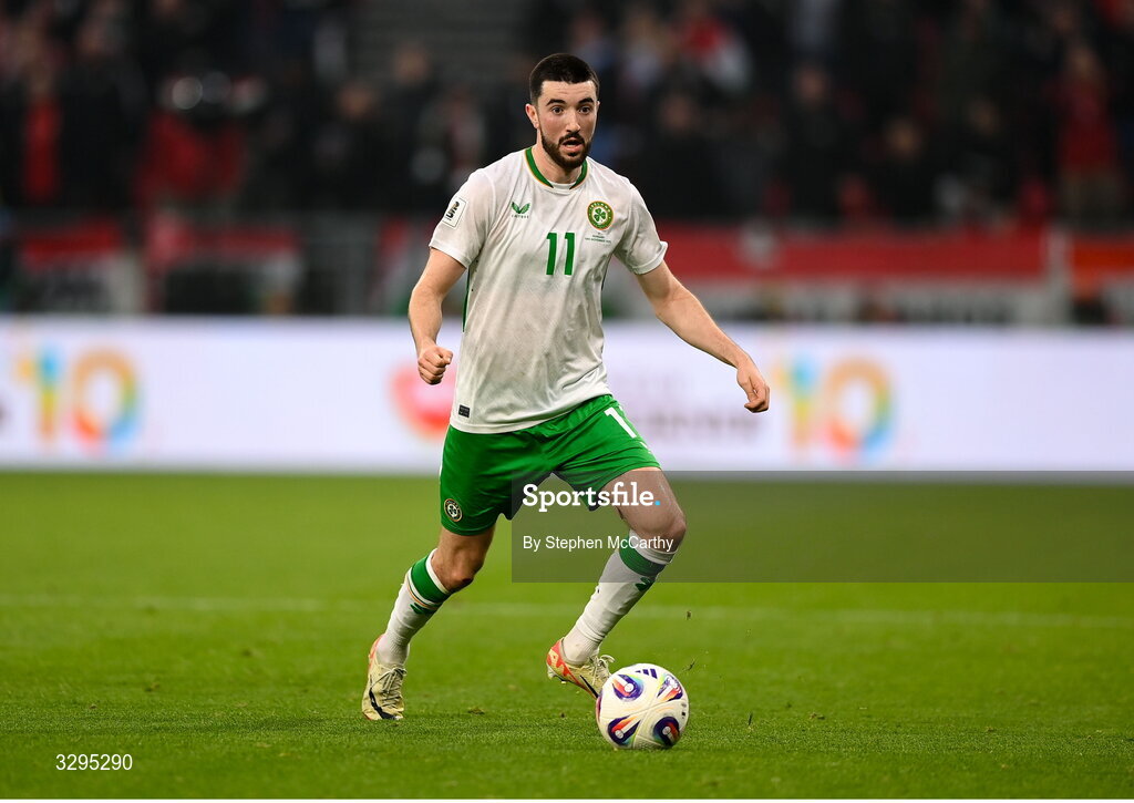 16 November 2025; Finn Azaz of Republic of Ireland during the FIFA World Cup 2026 Group F Qualifier match between Hungary and Republic of Ireland at Puskás Aréna in Budapest, Hungary. Photo by Stephen McCarthy/Sportsfile
