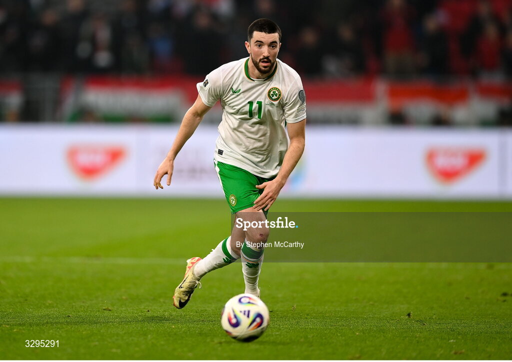 16 November 2025; Finn Azaz of Republic of Ireland during the FIFA World Cup 2026 Group F Qualifier match between Hungary and Republic of Ireland at Puskás Aréna in Budapest, Hungary. Photo by Stephen McCarthy/Sportsfile