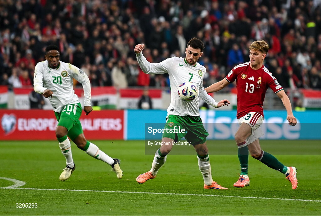 16 November 2025; Troy Parrott of Republic of Ireland in action against András Schäfer of Hungary during the FIFA World Cup 2026 Group F Qualifier match between Hungary and Republic of Ireland at Puskás Aréna in Budapest, Hungary. Photo by Stephen McCarthy/Sportsfile
