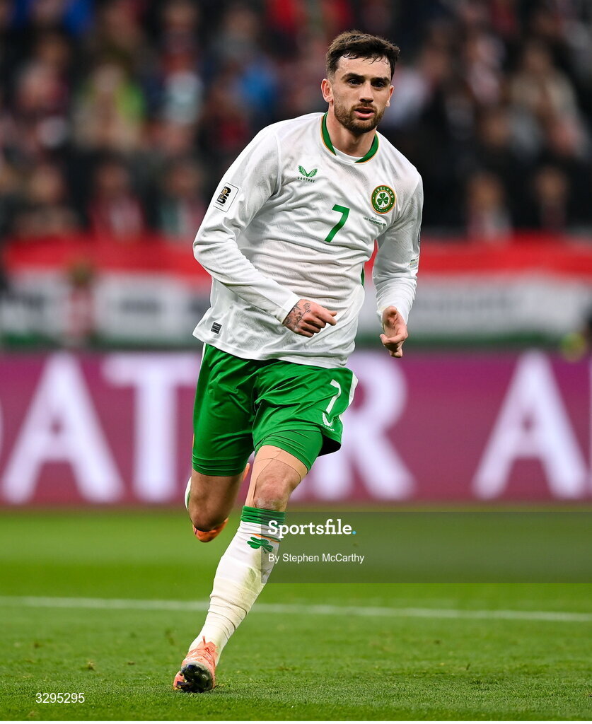 16 November 2025; Troy Parrott of Republic of Ireland during the FIFA World Cup 2026 Group F Qualifier match between Hungary and Republic of Ireland at Puskás Aréna in Budapest, Hungary. Photo by Stephen McCarthy/Sportsfile