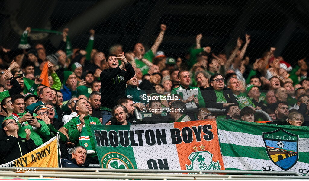16 November 2025; Republic of Ireland supporters celebrates their opening goal during the FIFA World Cup 2026 Group F Qualifier match between Hungary and Republic of Ireland at Puskás Aréna in Budapest, Hungary. Photo by Stephen McCarthy/Sportsfile
