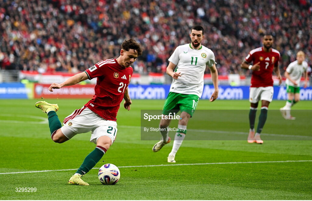 16 November 2025; Alex Tóth of Hungary during the FIFA World Cup 2026 Group F Qualifier match between Hungary and Republic of Ireland at Puskás Aréna in Budapest, Hungary. Photo by Stephen McCarthy/Sportsfile