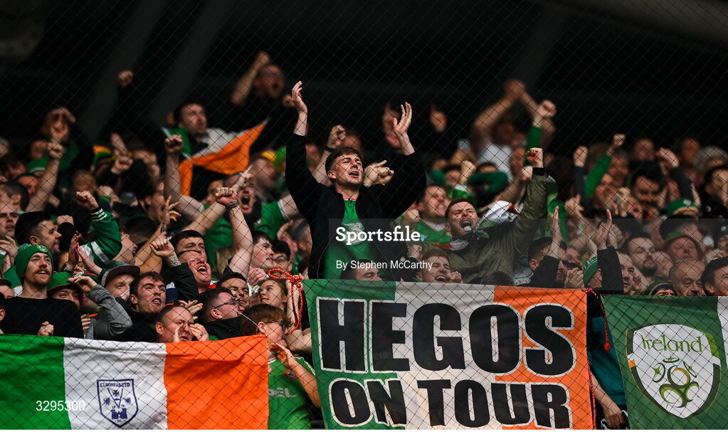 16 November 2025; Republic of Ireland supporters celebrates their opening goal during the FIFA World Cup 2026 Group F Qualifier match between Hungary and Republic of Ireland at Puskás Aréna in Budapest, Hungary. Photo by Stephen McCarthy/Sportsfile