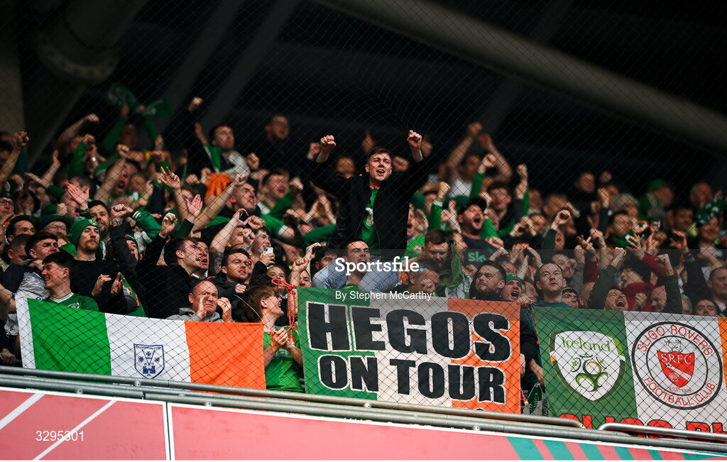 16 November 2025; Republic of Ireland supporters celebrates their opening goal during the FIFA World Cup 2026 Group F Qualifier match between Hungary and Republic of Ireland at Puskás Aréna in Budapest, Hungary. Photo by Stephen McCarthy/Sportsfile