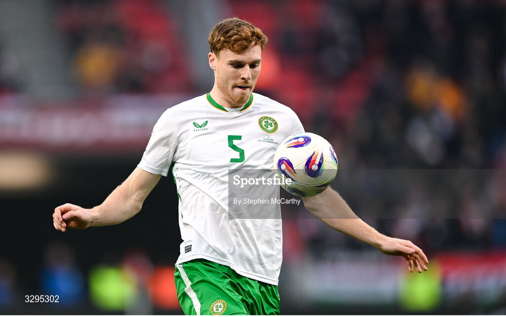 16 November 2025; Jake O'Brien of Republic of Ireland during the FIFA World Cup 2026 Group F Qualifier match between Hungary and Republic of Ireland at Puskás Aréna in Budapest, Hungary. Photo by Stephen McCarthy/Sportsfile