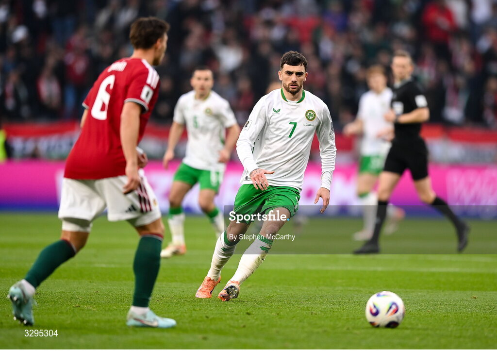16 November 2025; Troy Parrott of Republic of Ireland during the FIFA World Cup 2026 Group F Qualifier match between Hungary and Republic of Ireland at Puskás Aréna in Budapest, Hungary. Photo by Stephen McCarthy/Sportsfile