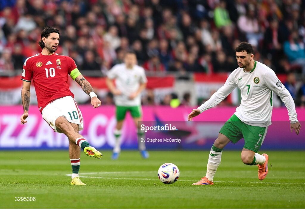 16 November 2025; Dominik Szoboszlai of Hungary in action against Troy Parrott of Republic of Ireland during the FIFA World Cup 2026 Group F Qualifier match between Hungary and Republic of Ireland at Puskás Aréna in Budapest, Hungary. Photo by Stephen McCarthy/Sportsfile