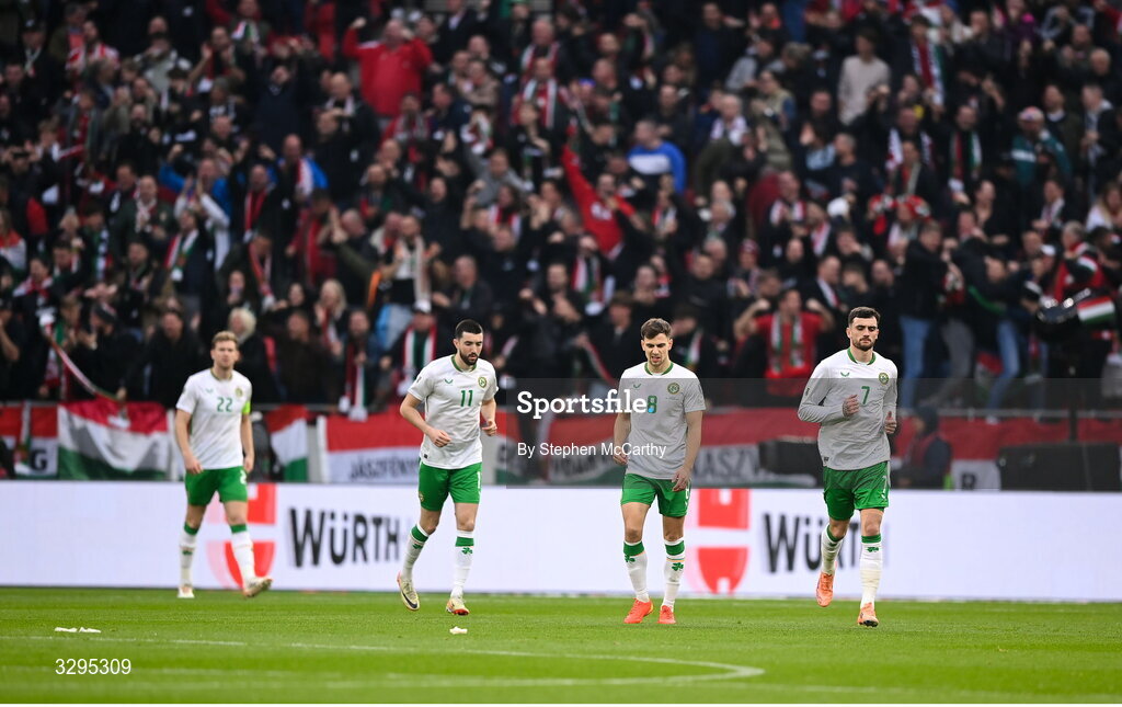 16 November 2025; Republic of Ireland players, from left, Nathan Collins, Finn Azaz, Jayson Molumby and Troy Parrott after Hungary socred their opening goal during the FIFA World Cup 2026 Group F Qualifier match between Hungary and Republic of Ireland at Puskás Aréna in Budapest, Hungary. Photo by Stephen McCarthy/Sportsfile