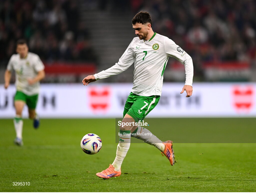 16 November 2025; Troy Parrott of Republic of Ireland during the FIFA World Cup 2026 Group F Qualifier match between Hungary and Republic of Ireland at Puskás Aréna in Budapest, Hungary. Photo by Stephen McCarthy/Sportsfile