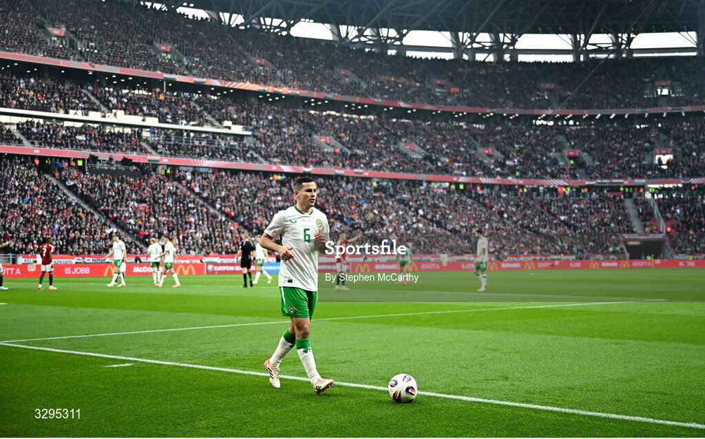 16 November 2025; Josh Cullen of Republic of Ireland during the FIFA World Cup 2026 Group F Qualifier match between Hungary and Republic of Ireland at Puskás Aréna in Budapest, Hungary. Photo by Stephen McCarthy/Sportsfile