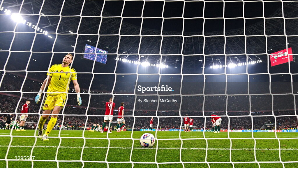 16 November 2025; Hungary goalkeeper Dénes Dibusz after Republic of Ireland scored their winning goal during the FIFA World Cup 2026 Group F Qualifier match between Hungary and Republic of Ireland at Puskás Aréna in Budapest, Hungary. Photo by Stephen McCarthy/Sportsfile