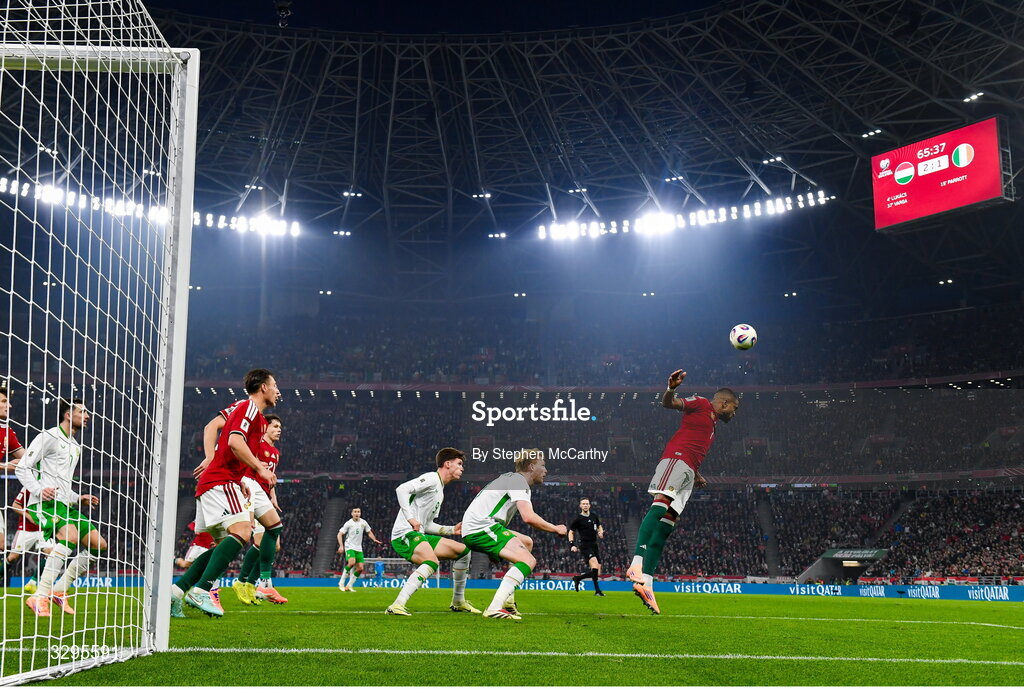 16 November 2025; Loïc Négo of Hungary heads the ball clear during the FIFA World Cup 2026 Group F Qualifier match between Hungary and Republic of Ireland at Puskás Aréna in Budapest, Hungary. Photo by Stephen McCarthy/Sportsfile