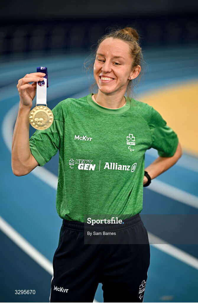18 November 2025; Paralympian and world gold medalist Greta Streimikyte poses for a portrait ahead of Allianz NextGen which is taking place on November 30th at the National Indoor Arena in Dublin. Allianz NextGen is a one-day event for aspiring Para athletes, designed to help participants discover new Paralympic sports and unlock their talent. Photo by Sam Barnes/Sportsfile