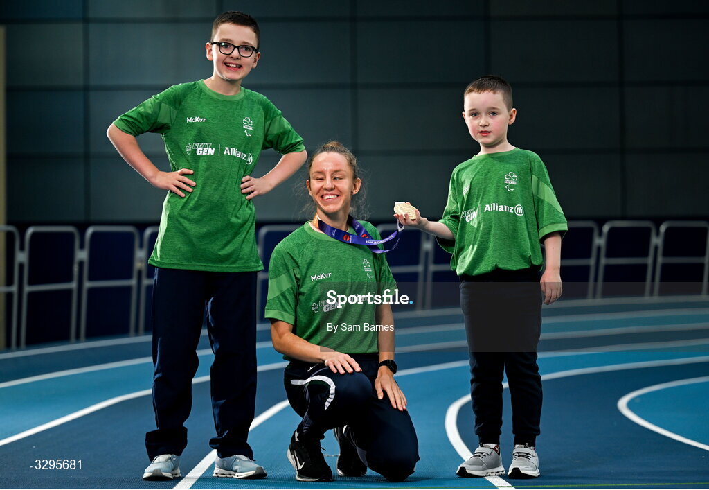 18 November 2025; Paralympian and world gold medalist Greta Streimikyte pictured alongside JJ Peppard, aged 14, left, and Tadhg Peppard, aged 8, from Blanchardstown in Dublin ahead of Allianz NextGen which is taking place on November 30th at the National Indoor Arena in Dublin. Allianz NextGen is a one-day event for aspiring Para athletes, designed to help participants discover new Paralympic sports and unlock their talent. Photo by Sam Barnes/Sportsfile