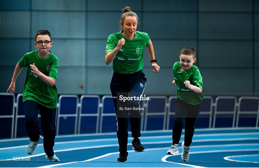18 November 2025; Paralympian and world gold medalist Greta Streimikyte pictured alongside JJ Peppard, aged 14, left, and Tadhg Peppard, aged 8, from Blanchardstown in Dublin ahead of Allianz NextGen which is taking place on November 30th at the National Indoor Arena in Dublin. Allianz NextGen is a one-day event for aspiring Para athletes, designed to help participants discover new Paralympic sports and unlock their talent. Photo by Sam Barnes/Sportsfile