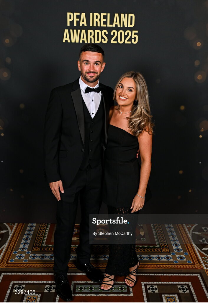 22 November 2025; Michael Duffy of Derry City and partner Emily McCarron during the PFA Ireland Awards 2025 at The College Green Hotel in Dublin. Photo by Stephen McCarthy/Sportsfile