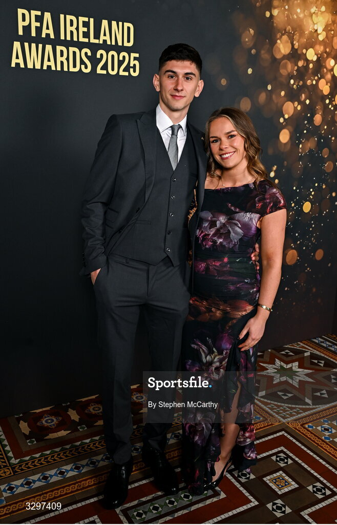22 November 2025; Harry Groome of Dundalk and partner Lara McKeown during the PFA Ireland Awards 2025 at The College Green Hotel in Dublin. Photo by Stephen McCarthy/Sportsfile