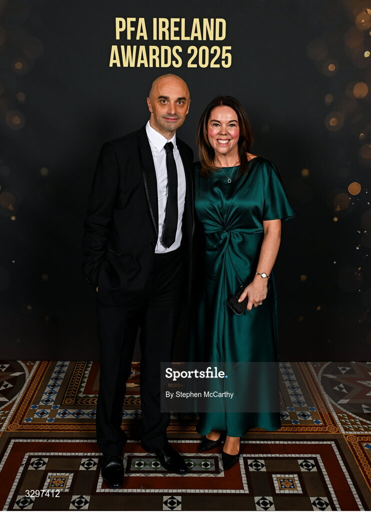 22 November 2025; Referee Neil Doyle and Vicky Doyle during the PFA Ireland Awards 2025 at The College Green Hotel in Dublin. Photo by Stephen McCarthy/Sportsfile
