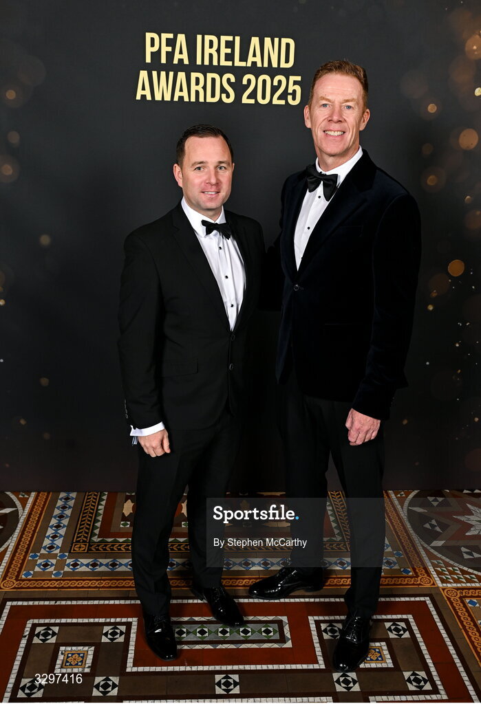 22 November 2025; League of Ireland director Mark Scanlon, left, and PFA Ireland general secretary Stephen McGuinness during the PFA Ireland Awards 2025 at The College Green Hotel in Dublin. Photo by Stephen McCarthy/Sportsfile