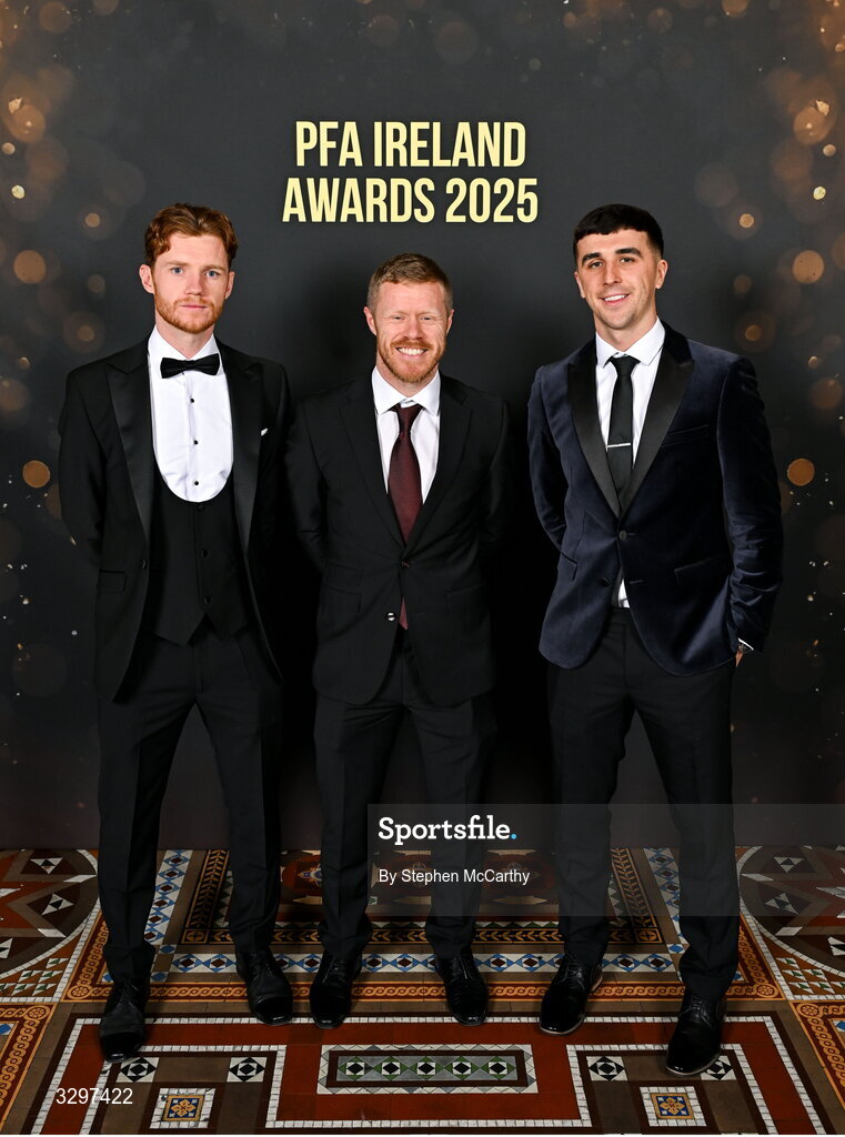 22 November 2025; Mikie Rowe of Wexford, left, Daryl Horgan of Dundalk, centre, and Barry Coffey of Cobh Ramblers during the PFA Ireland Awards 2025 at The College Green Hotel in Dublin. Photo by Stephen McCarthy/Sportsfile