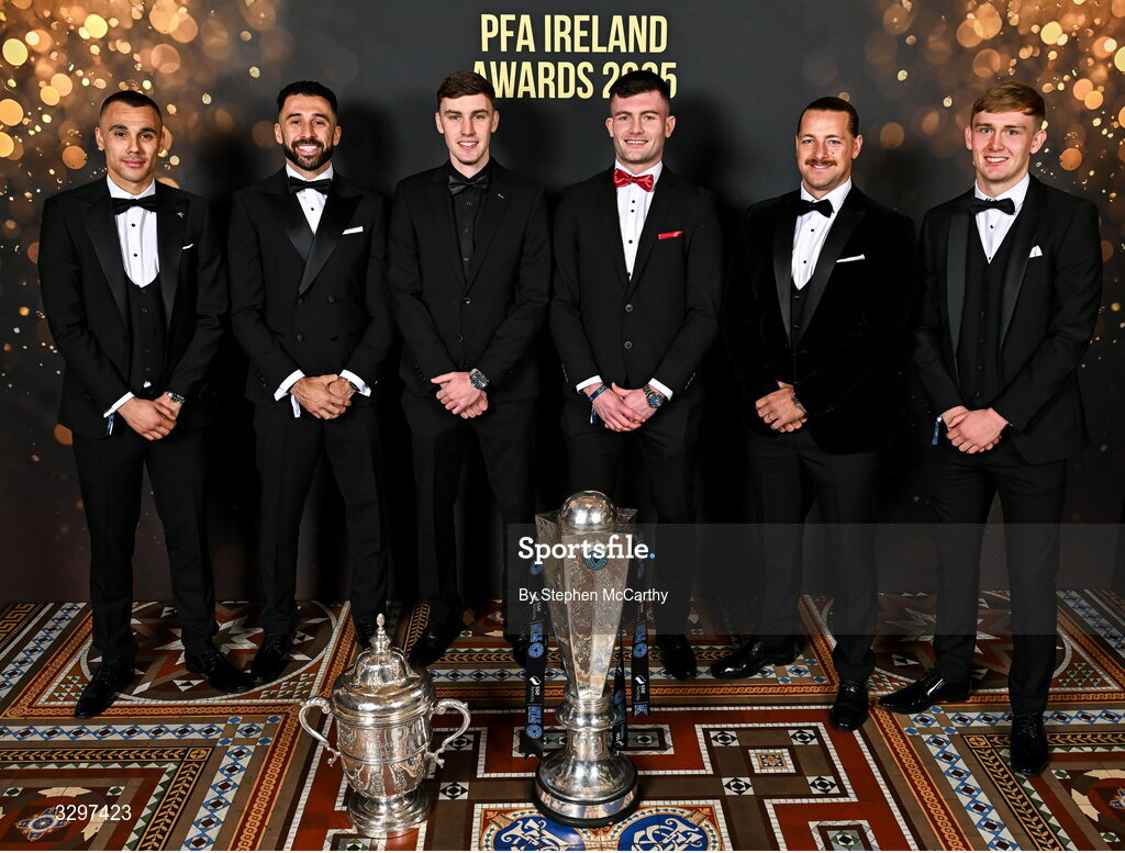 22 November 2025; Shamrock Rovers players, from left, Graham Burke, Roberto Lopes, Matt Healy, Josh Honohan, Lee Stacey and Michael Noonan during the PFA Ireland Awards 2025 at The College Green Hotel in Dublin. Photo by Stephen McCarthy/Sportsfile