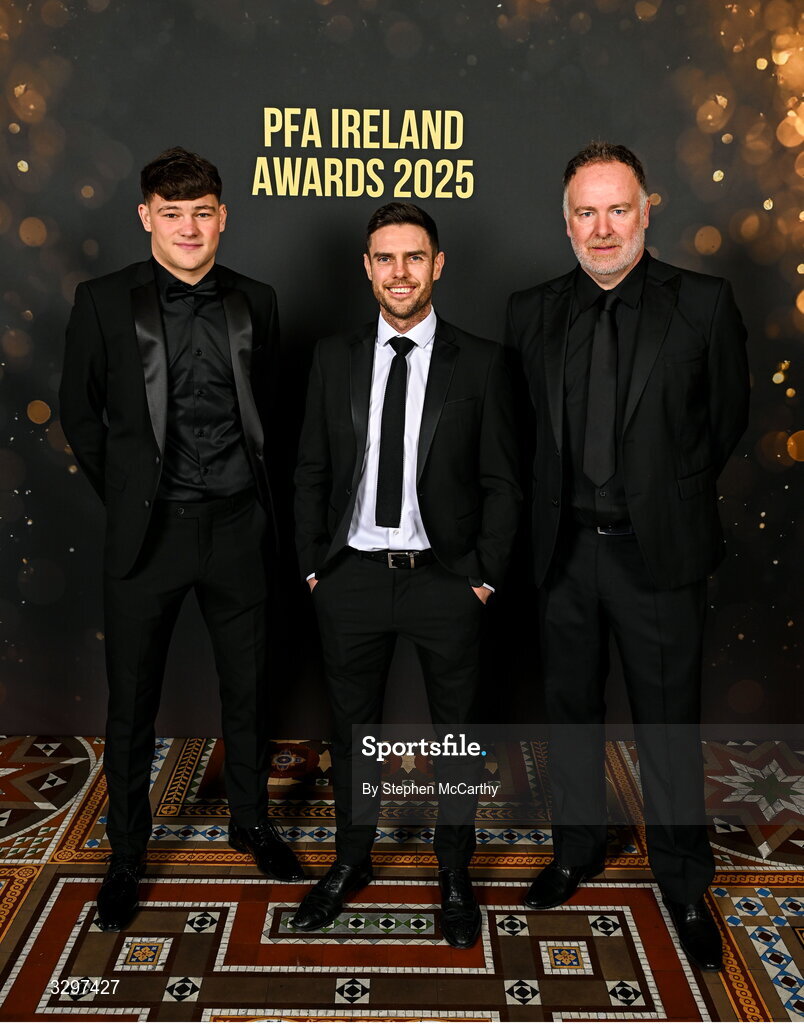 22 November 2025; Sligo Rovers manager John Russell, centre, assistant manager Ryan Casey, right, and Owen Elding during the PFA Ireland Awards 2025 at The College Green Hotel in Dublin. Photo by Stephen McCarthy/Sportsfile