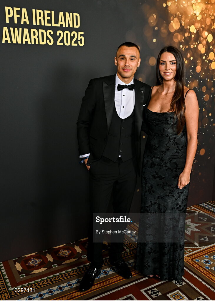22 November 2025; Graham Burke of Shamrock Rovers with Tammie Piggot during the PFA Ireland Awards 2025 at The College Green Hotel in Dublin. Photo by Stephen McCarthy/Sportsfile