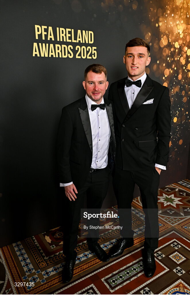 22 November 2025; Jamie Moore and Mason Melia of St Patrick's Athletic during the PFA Ireland Awards 2025 at The College Green Hotel in Dublin. Photo by Stephen McCarthy/Sportsfile