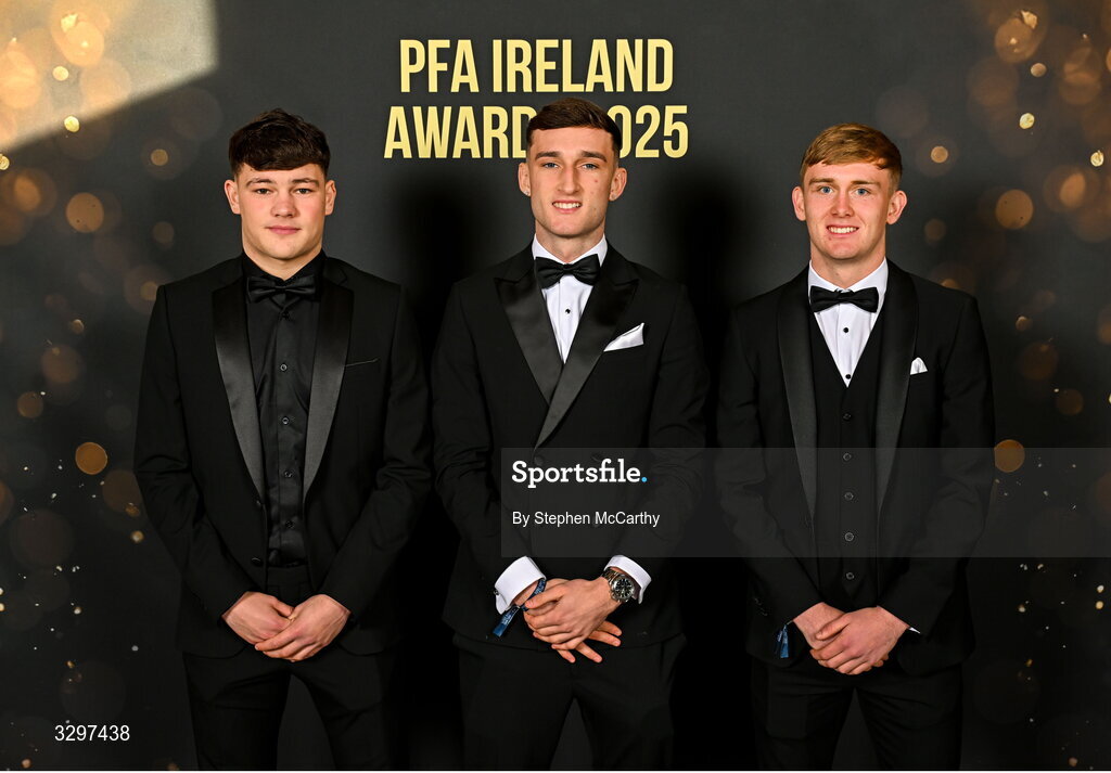 22 November 2025; Young Player of the Year nominess, from left, Owen Elding of Sligo Rovers, Mason Melia of St Patrick's Athletic and Michael Noonan of Shamrock Rovers during the PFA Ireland Awards 2025 at The College Green Hotel in Dublin. Photo by Stephen McCarthy/Sportsfile