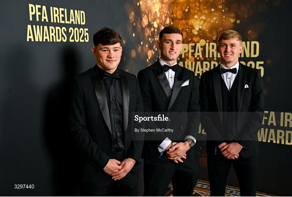 22 November 2025; Young Player of the Year nominess, from left, Owen Elding of Sligo Rovers, Mason Melia of St Patrick's Athletic and Michael Noonan of Shamrock Rovers during the PFA Ireland Awards 2025 at The College Green Hotel in Dublin. Photo by Stephen McCarthy/Sportsfile