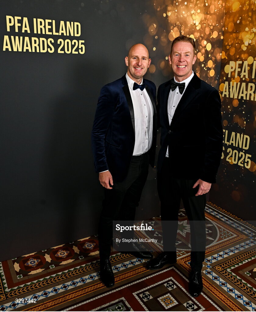 22 November 2025; Gary Rogers and PFA Ireland general secretary Stephen McGuinness during the PFA Ireland Awards 2025 at The College Green Hotel in Dublin. Photo by Stephen McCarthy/Sportsfile